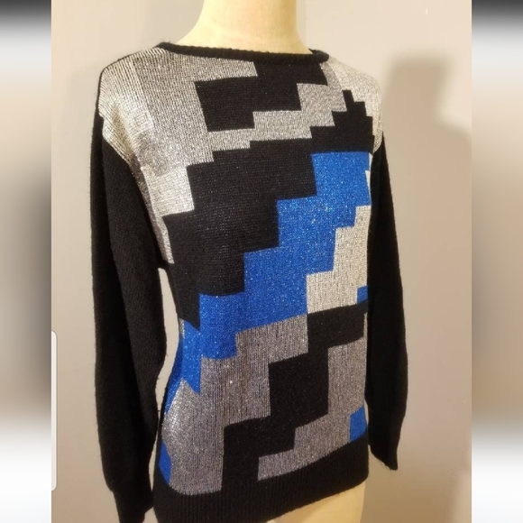 VINTAGE GEOMETRIC SWEATER 80S METALLIC MADEMOISELLE RETRO FALL WINTER 70S BLOCKS - Picture 10 of 12